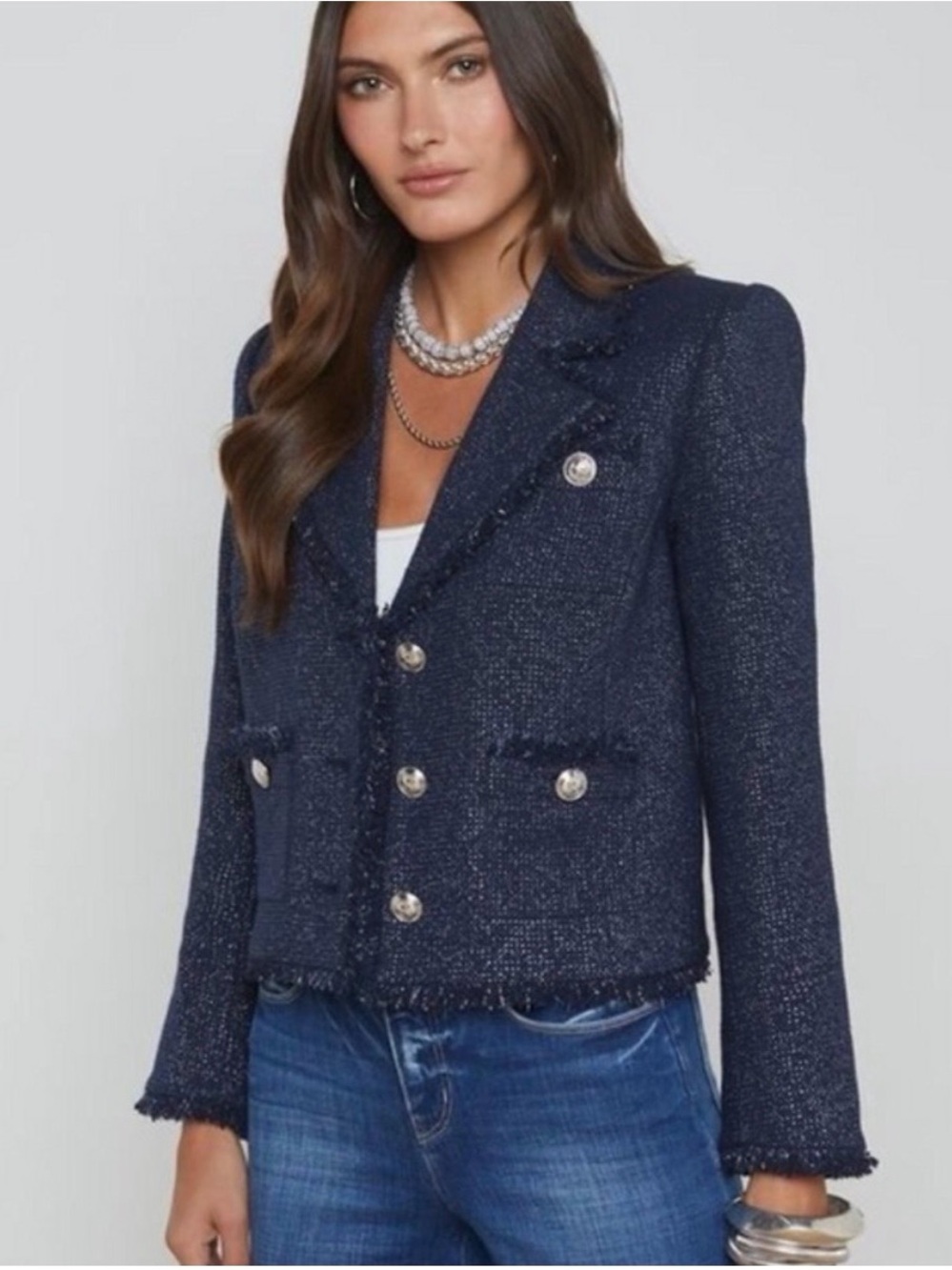 L'AGENCE Navy Metallic Sylvia Tweed Frayed-Trim Blazer